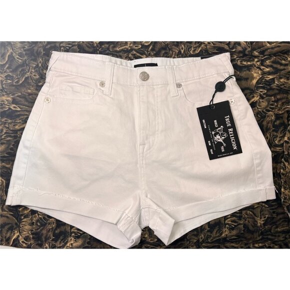 True Religion Womens White Mid Rise Raw Hem Denim Cuffed Jean Shorts Sz 31 New - Picture 4 of 8